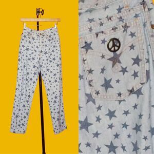 1990s-Y2K MOSCHINO JEANS STARS Cotton Denim Pants Peace Sign Back Pocket. XS